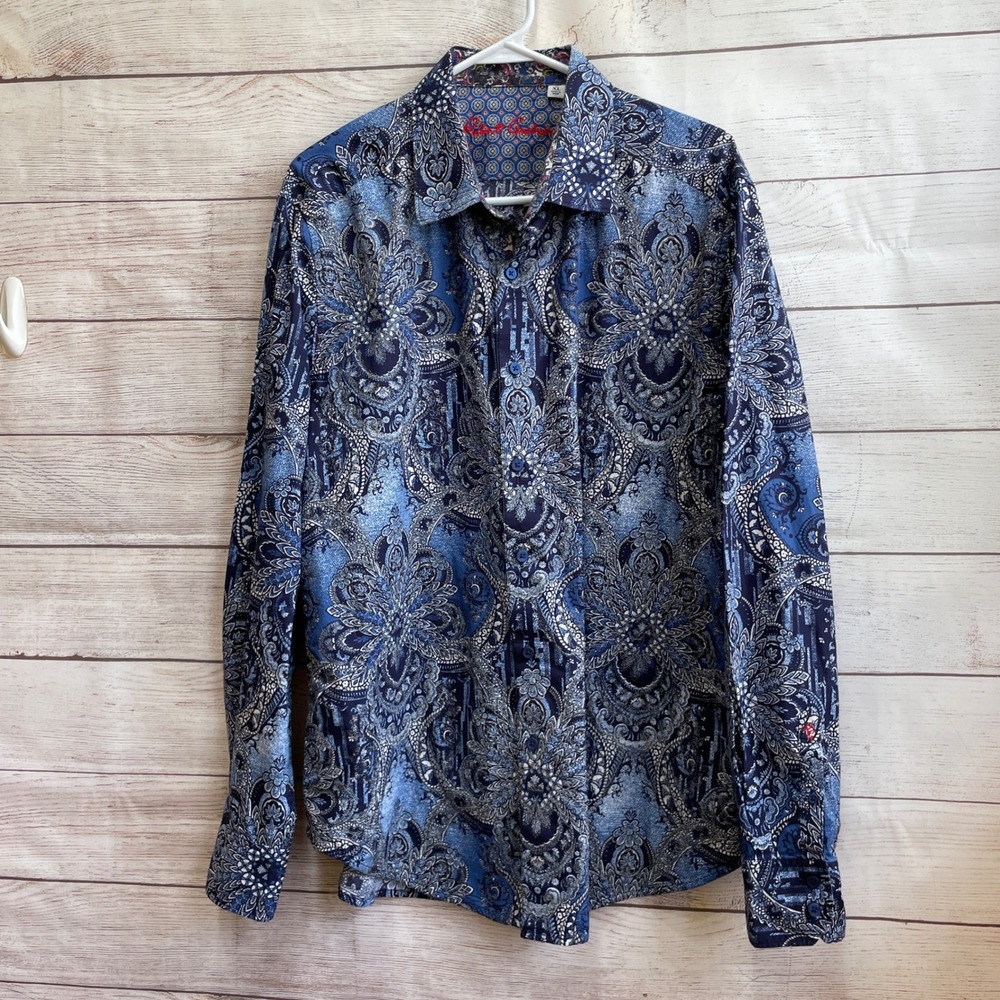 ROBERT GRAHAM EMBROIDERED BAROQUE STYLE PAISLEY PATTERN SHIRT IN BLUE AND SILVER